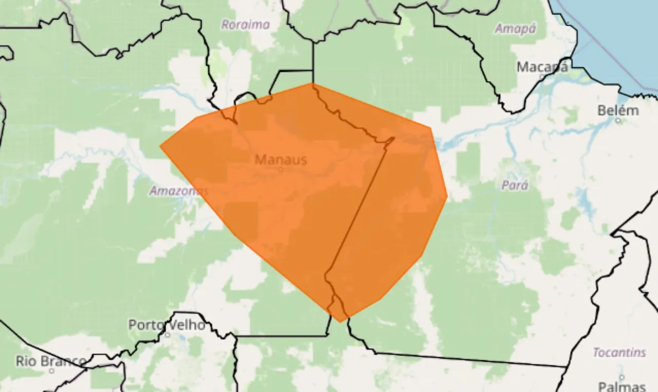 o mapa mostra as áreas em alerta laranja para temporais 